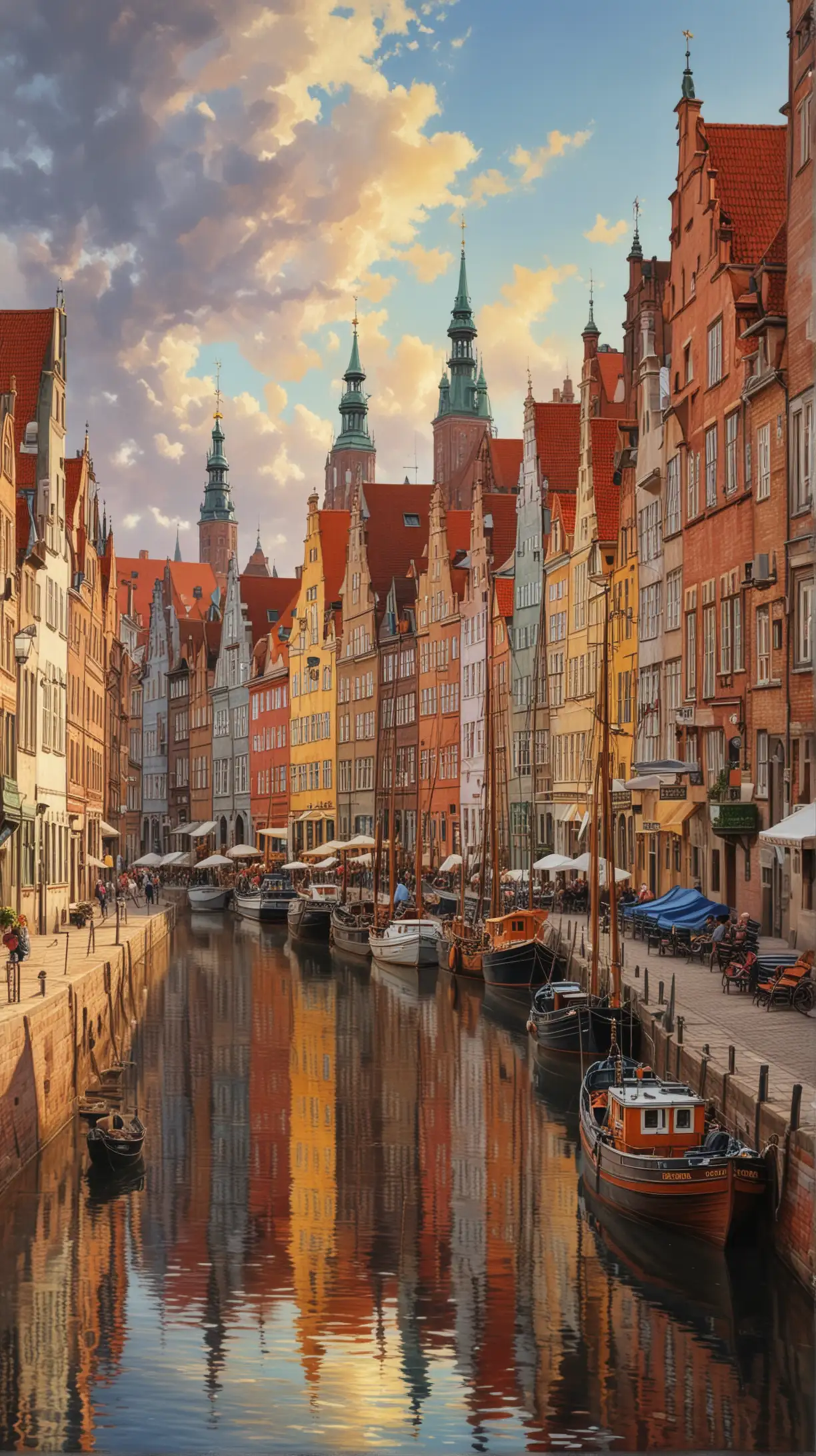 Make gorgeous oil painting about stunning Gdańsk, show a lot of details, show the beauty, make radiant colours, make it real photo as much as possible, 4k photo 
