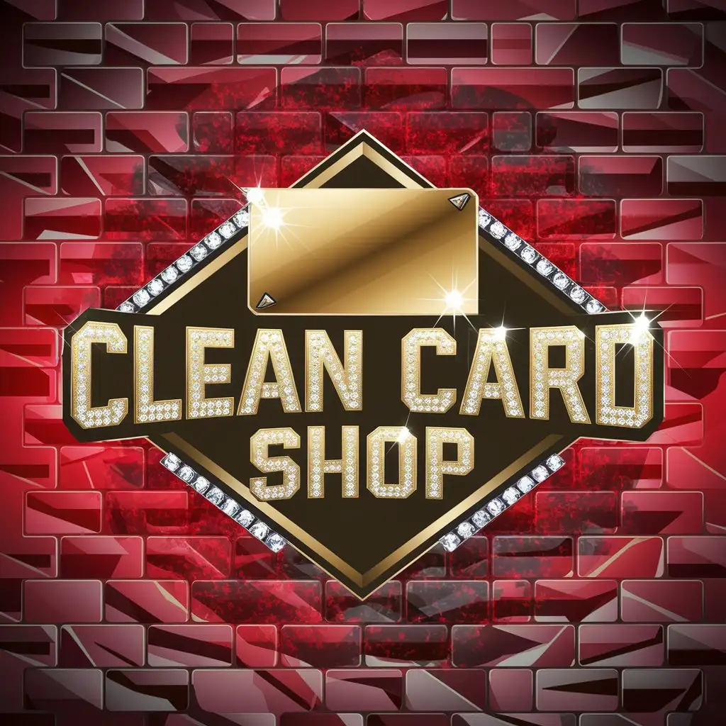 a logo design,with the text "Clean Card Shop", main symbol:Sparkling clean shiny overall look, bright shiny sparkling desirable gold card with sharp corners as centerpiece, 'Clean Card Shop' in bright shiny gold with shiny diamond loaded edges, abstract red background over the top of brick,Moderate,be used in Sports Fitness industry,clear background