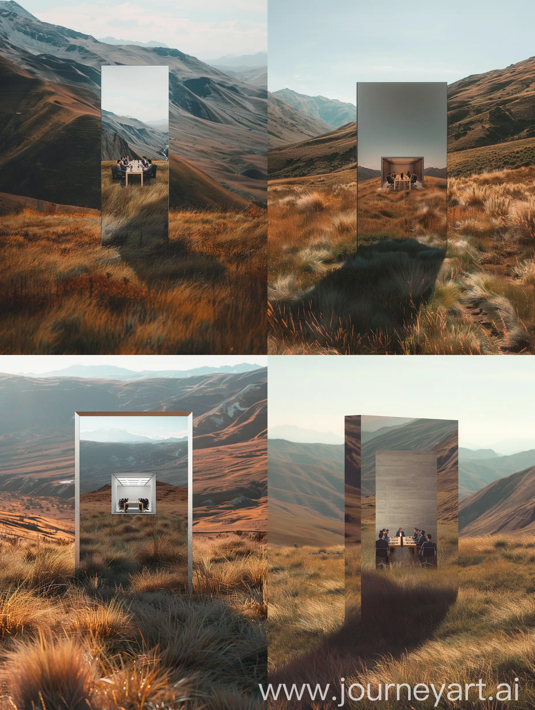 In a stunningly beautiful, vast, and undulating high mountain meadow, with changing contours of distant mountains and gorgeous natural scenery, there stands a large rectangular mirror upright at 90 degrees in the center of the scene. The front of the mirror faces directly towards the camera. The mirror has no frame, only the pure mirror surface itself, and it is set among the grasses. There are no living creatures on the meadow, and the mirror does not reflect the surrounding environment. Inside the mirror, there is a modernly decorated conference room styled similar to an Apple office--sleek and clean, with 8-10 people sitting around a conference table having a meeting. The camera angle is a pure frontal perspective, shot with a Canon 50mm lens.