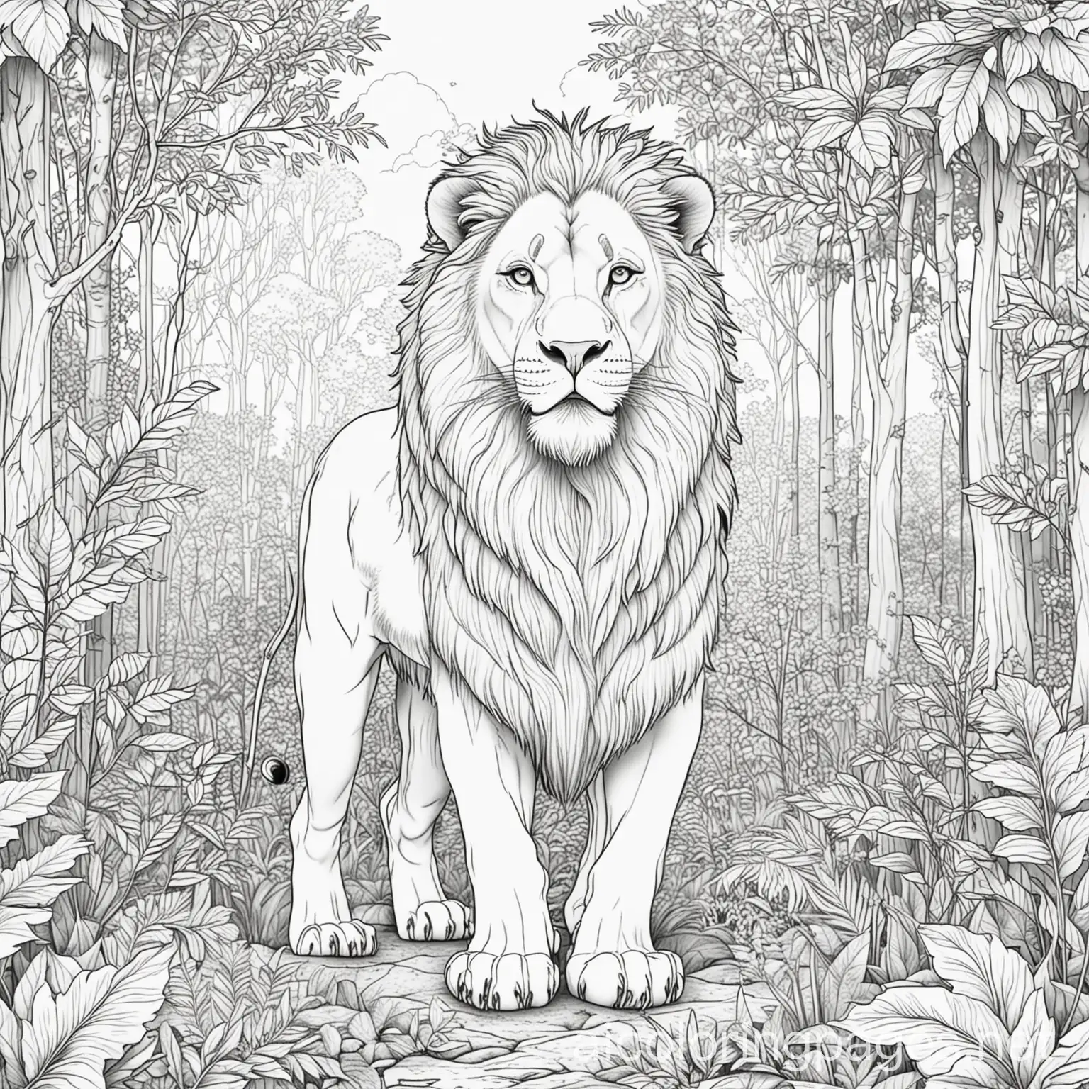 Lion in the forest, Coloring Page, black and white, line art, white background, Simplicity, Ample White Space. The background of the coloring page is plain white to make it easy for young children to color within the lines. The outlines of all the subjects are easy to distinguish, making it simple for kids to color without too much difficulty