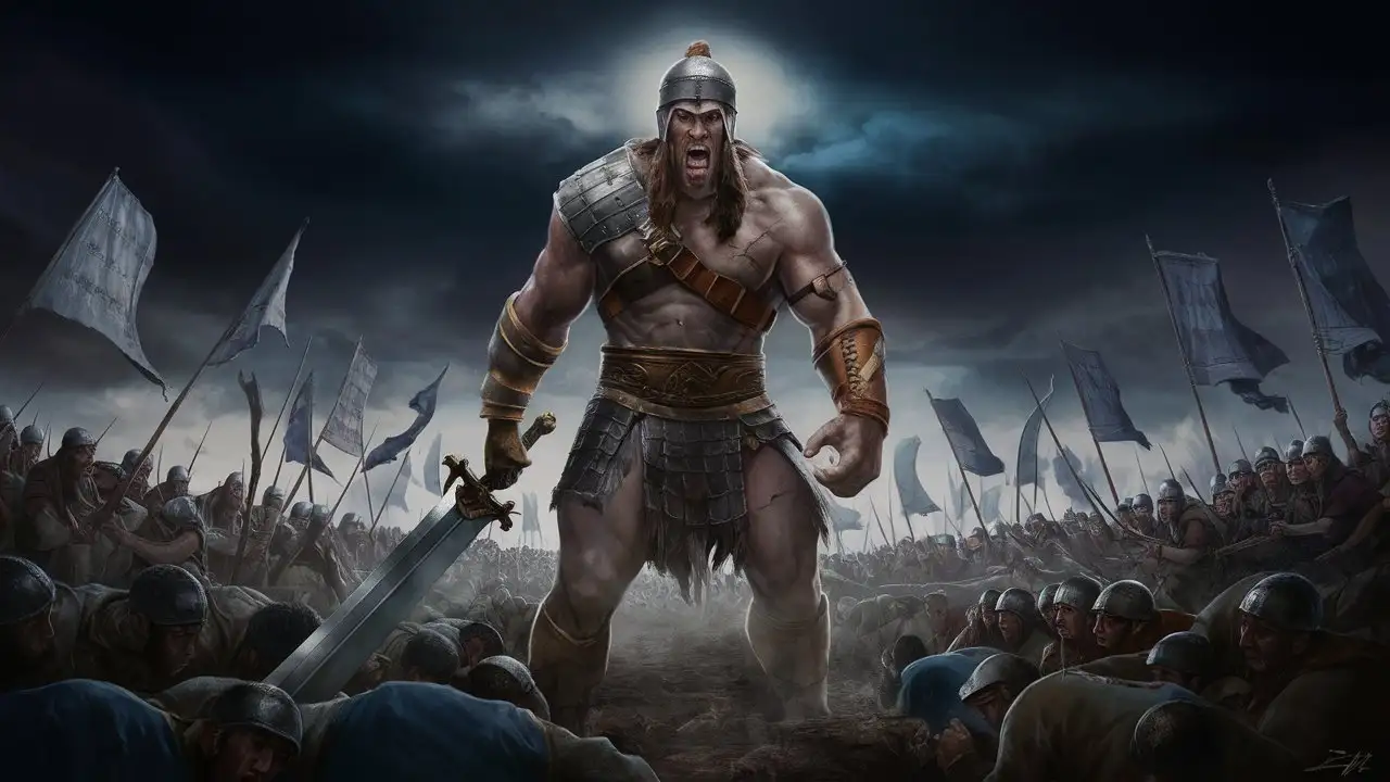 4.The Israelite army quaking in fear as Goliath challenges them.