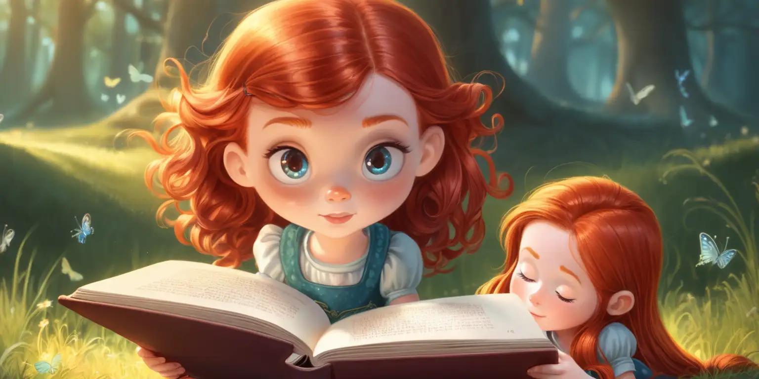 a red head  little girl reading a fairytale book 