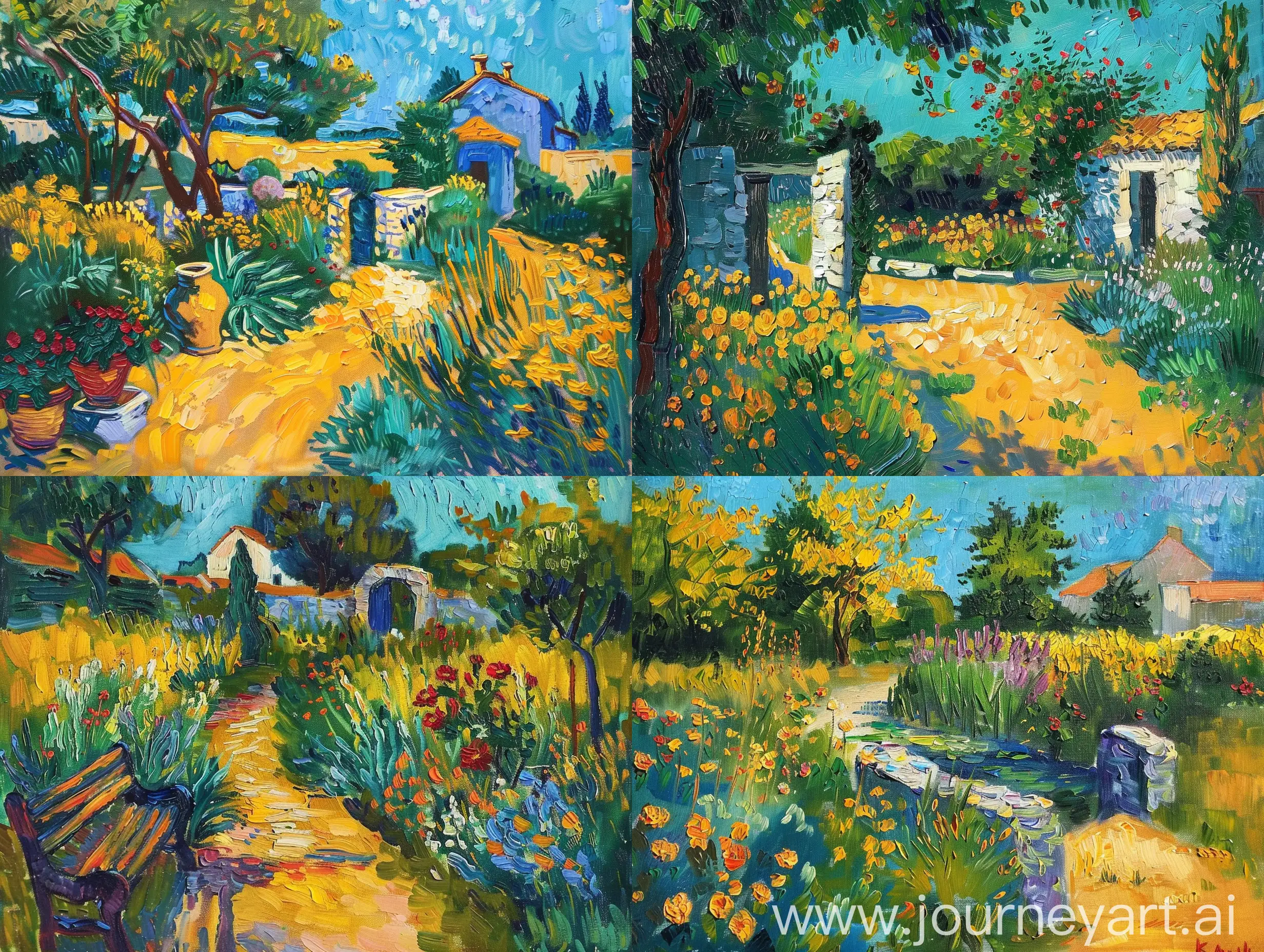 oil painting of a live scene garden in van gogh style