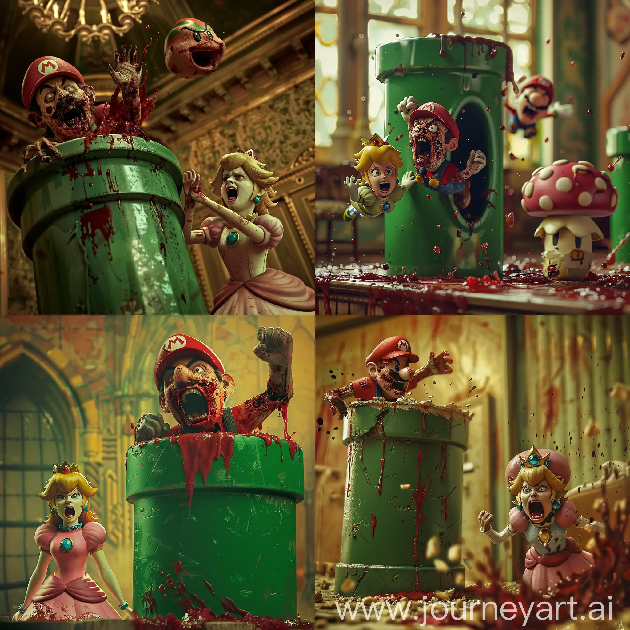 Background: Mario the zombie climbs out of green cylinder, covered in blood. Foreground: Princess Peach Toadstool terrified, scream and cry, the interior of the castle, grunge style effect, photo style inspired by 2002 movie The Bell, photorealistic.