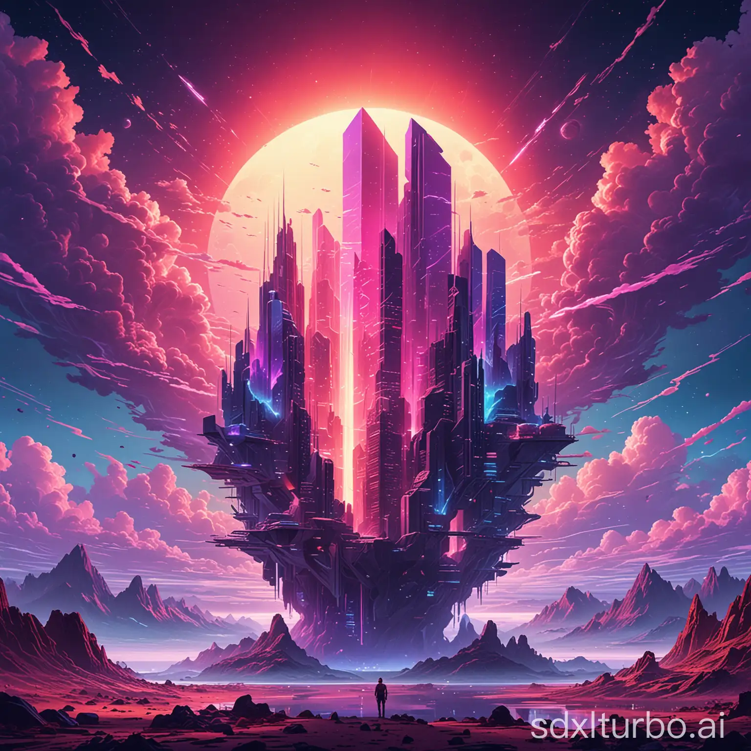 On an ethereal artificial planet of synthwave hues, the central focus is a shimmering crystalline structure rising from neon clouds, casting light in all directions. This image is a breathtaking digital painting, perfectly blending vibrant colors and dreamlike details. The geometric shapes of the structure are intricately designed, giving a sense of futuristic elegance and otherworldly beauty. Each pixel is expertly placed, creating a mesmerizing visual experience that captivates the viewer's imagination.