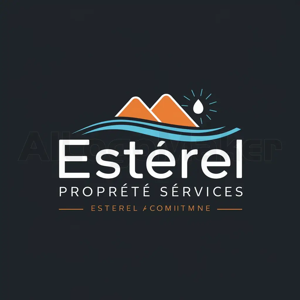 a logo design,with the text "Esterel Propreté Services", main symbol:Sector of activity: Cleaning servicesnConcept and values:nCleanliness and brightnessnReliability and professionalismnEcology and respect for the environmentnVisual elements wanted:nColors:n- Whiten- GreynSymbols and images:n- A shine or brilliance to symbolize cleanlinessn- A stylized orange mountain or hill with a blue wave to represent Esterel n- A water drop for the ecological aspectnStyle:n- Modern and sleekn- Professional and elegantn- Simple but memorablenTypography:nSans-serif font, clean and readable, with possibly a slight curve to add a touch of elegancenAdditional instructions:n- The logo must be easily identifiable and readable on various media (business cards, website, uniforms, vehicles).n- Avoid overly complex designs for clarity and simplicity.n- The design should inspire confidence and reflect the high quality of services provided.,Moderate,be used in Others industry,clear background