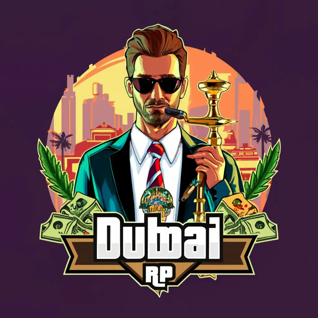 a logo design,with the text "Dubai RP", main symbol:Put a hookah in the logo, draw it in the style of GTA V. I need there to be money flying as it is a logo for a Roleplay server. I also want there to be a person in the middle with a suit (free style) and for the logo to have a GTA 5 background. Add weapons and drugs in the logo, especially marijuana, I would like that more.,Complejo,be used in Tecnología industry,clear background