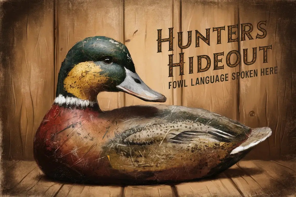 Vintage Duck Hunting Decoy on Wooden Panels with Hunters Hideout Text