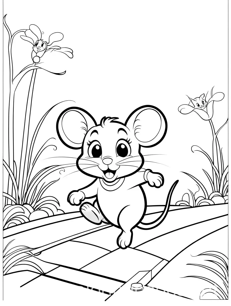 Cute mouse running away from cat Disney style coloring page for kids
, Coloring Page, black and white, line art, white background, Simplicity, Ample White Space. The background of the coloring page is plain white to make it easy for young children to color within the lines. The outlines of all the subjects are easy to distinguish, making it simple for kids to color without too much difficulty