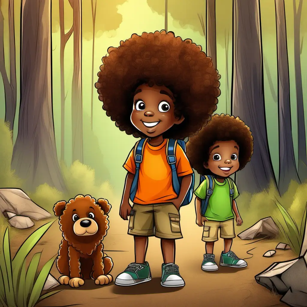 cartoon african american 2 year old little boy with big curly afro and dark brown eyes wearing an orange shirt and african american 5 year old little boy with big curly afro wearing green shirt and a back pack camping  in the woods