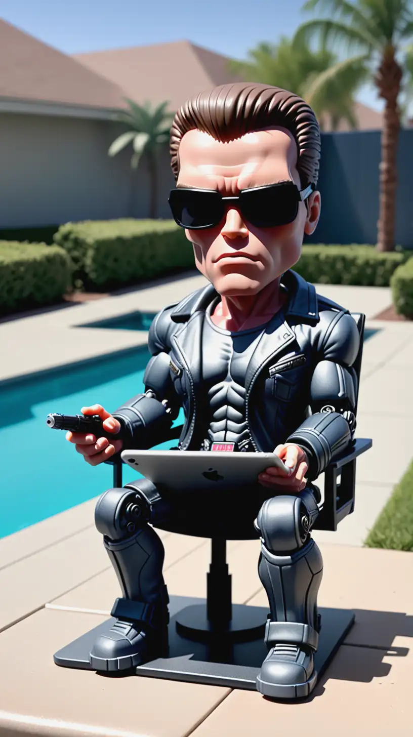 /IMAGINE PROMPT: the Terminator is seated by the pool, working on a iPad, FUNKOPOP