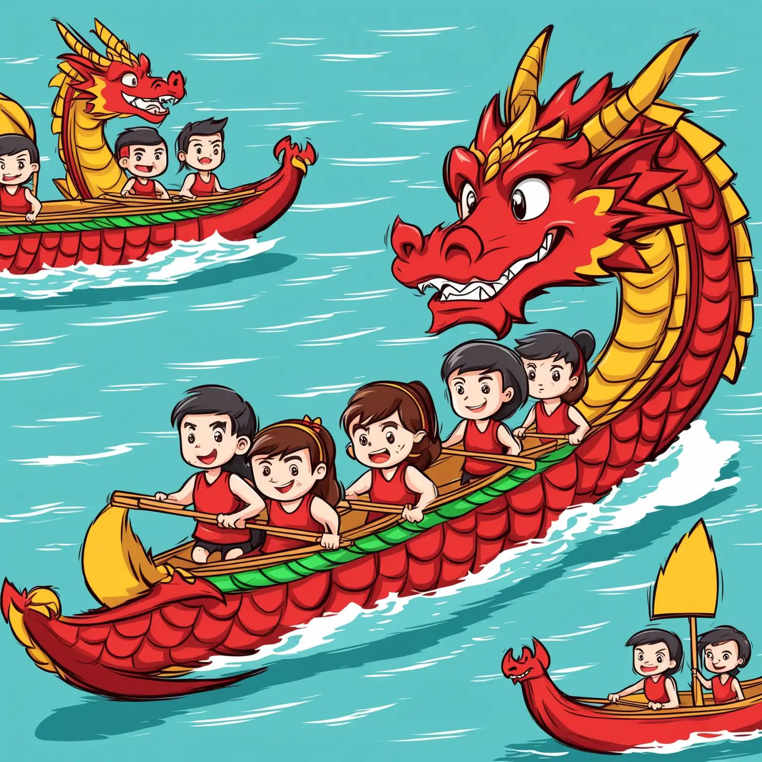 Colorful Cartoon Dragon Boat Race Vector Illustration