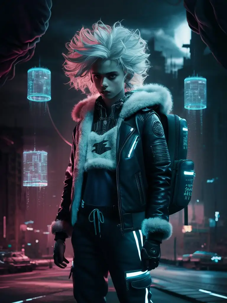 nature-image, teen femboy hacker, white hair, outfit with bioluminescent details, jacket over fluffy top, backpack, dystopian cyberpunk, dark shadows, fluffy fur-trim, holograph, matrix, voluminous frizzy hair