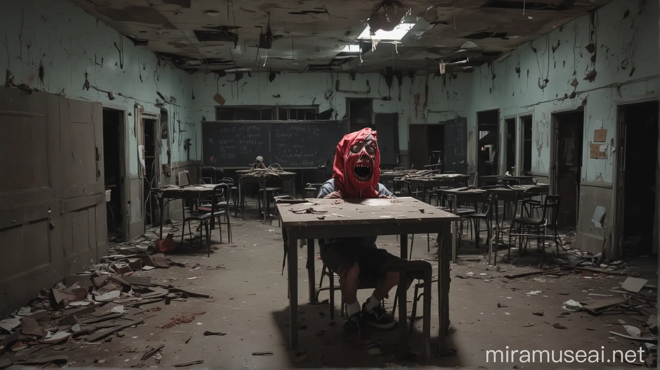 a YouTube thumbnail of a horror short starring Mr Beast set inside a spooky abandoned classroom