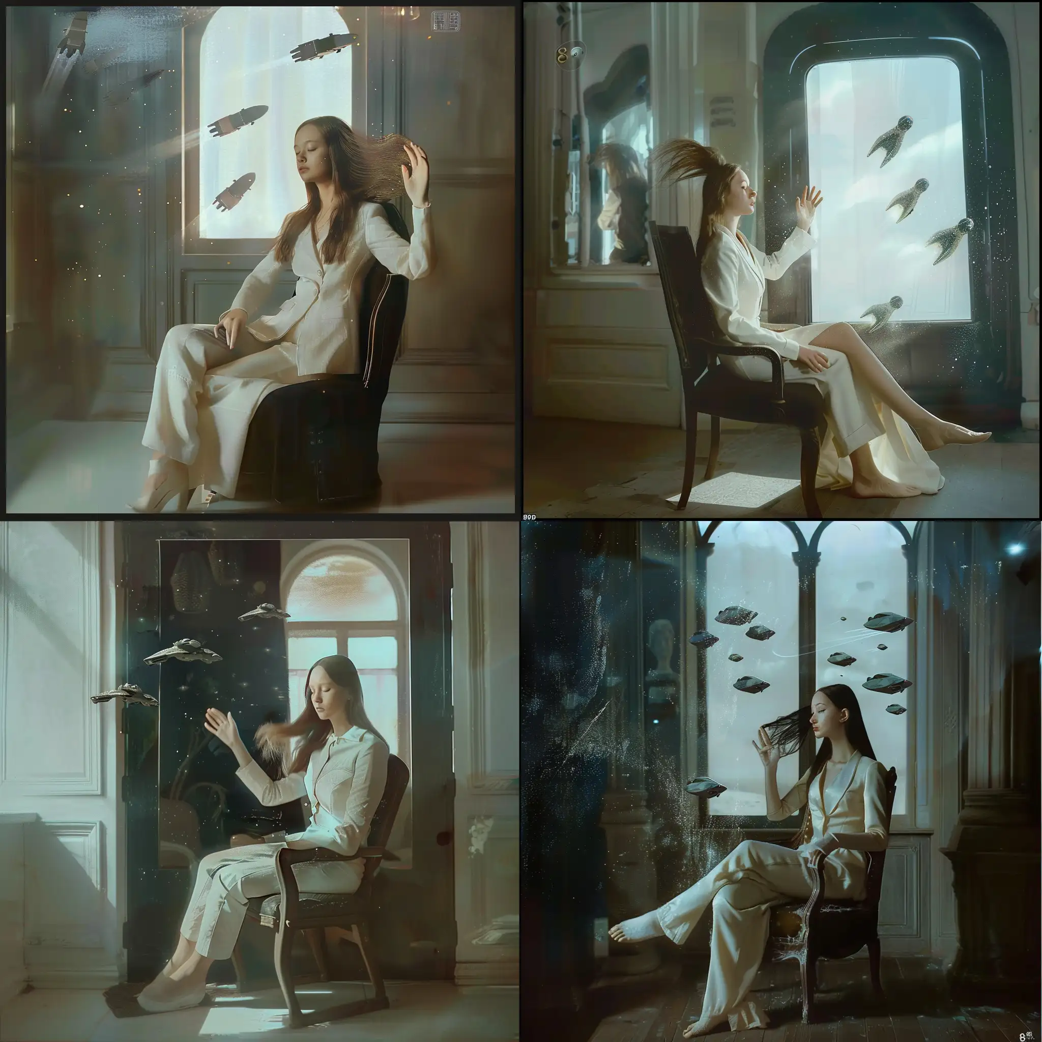 Фантастическая планета в стилистике фильма Дюна, девушка сидит  к комнате в белом костюме, развевающиеся волосы, в открытом окне проплывают космические корабли, 8k, плёночная фотография, ультодетализация, рассеяние света, резкий фокус, высокая детализация 
