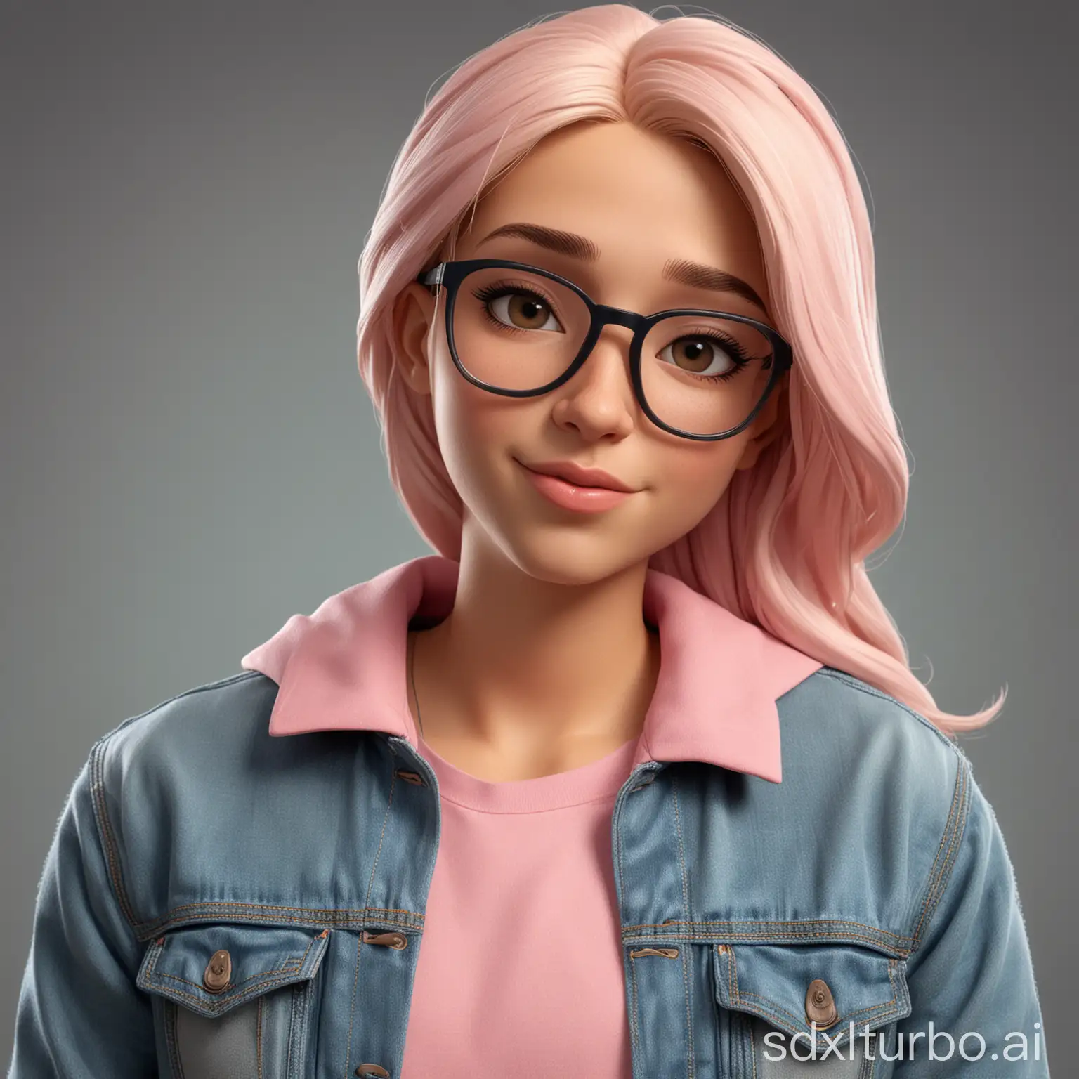 A Caricature 3D realistic cartoon style half body with a big head. A 20 year old man stood at the front wearing a denim jacket with a clearly visible collar and blonde hair without wearing glasses. Beside him, stood a beautiful 20 year old woman wearing glasses, only part of her body visible, wearing a cream colored sweater and a pink hijab. They stand close to each other, looking focused at the camera in selfie style. The background color matches their clothes.