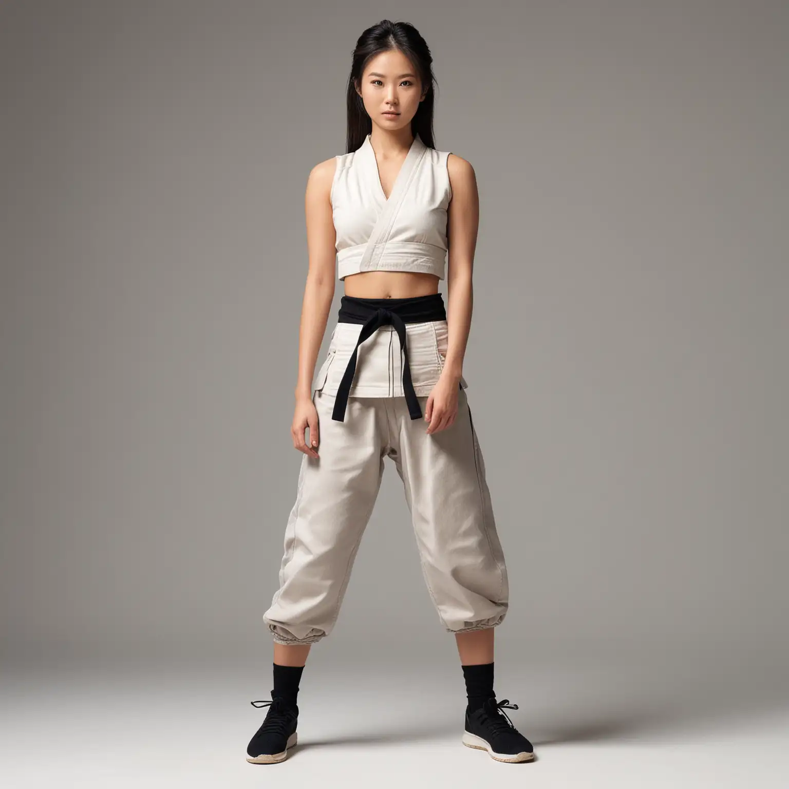 Japanese Supermodel in Sleeveless Karate Gi and Leggings on White Background