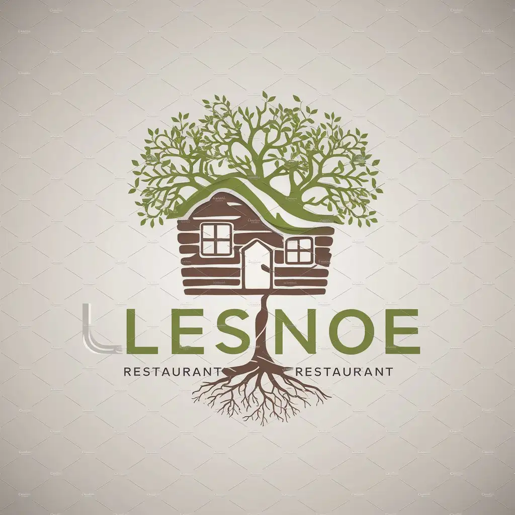 a logo design,with the text "LESNOE", main symbol:house with a roof grows branches and many green leaflets and from below the house roots,Moderate,be used in Restaurant industry,clear background