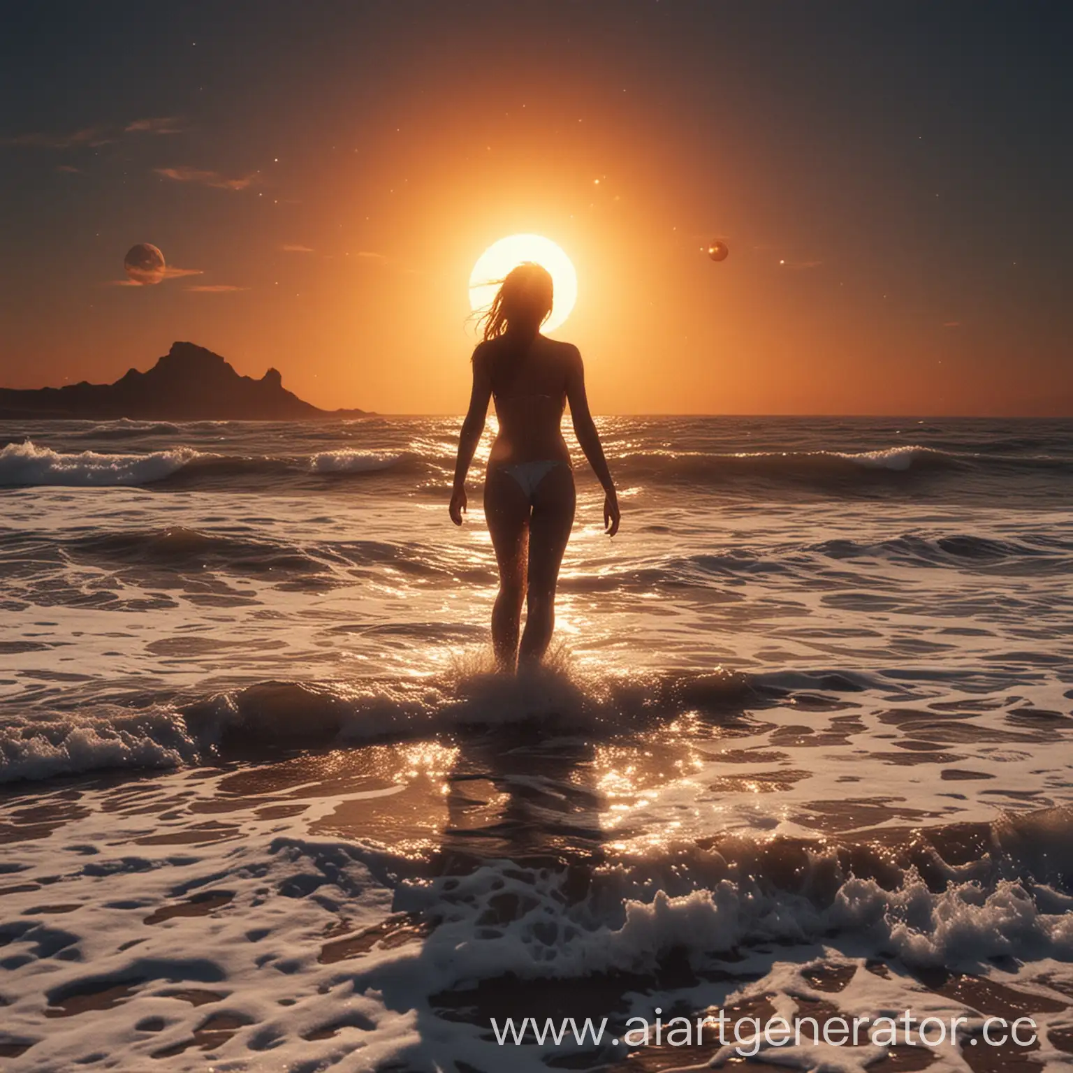 Joyful-Person-Admiring-Simultaneous-Sun-Moon-and-Mars-Views-Over-Ocean