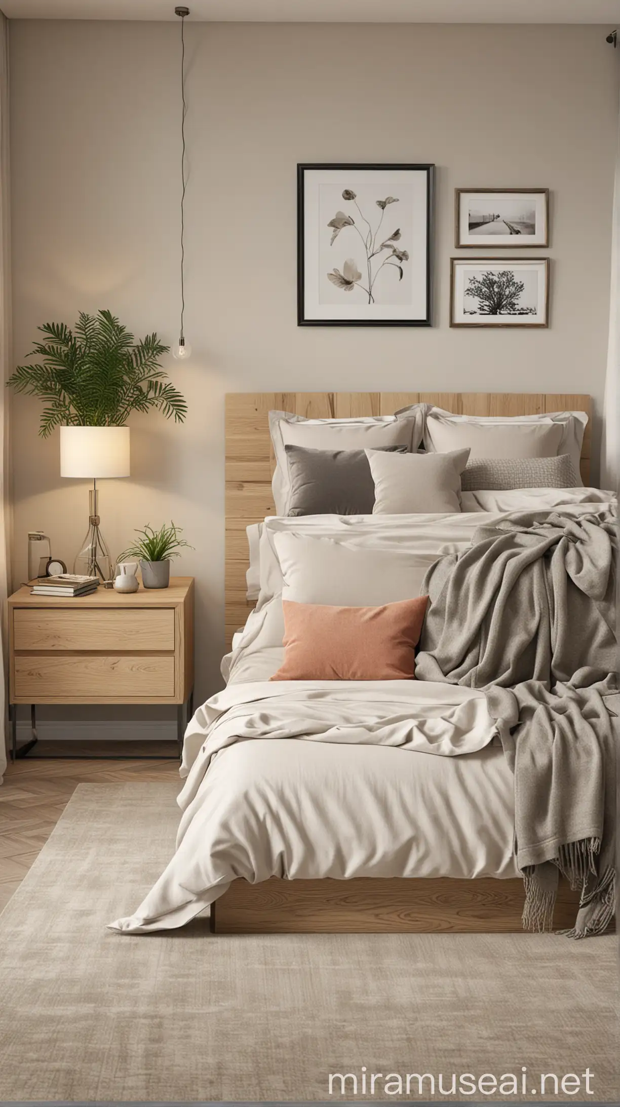 A realistic wide-angle image of a contemporary and minimalist bedroom for a woman who embodies strength, success, beauty, and motherhood, with a neutral colour scheme like whites, greys, and soft beiges to create a calming atmosphere, add pops of bold colours, artwork, or paintings, minimalist furniture with clean lines and simple designs, a low platform bed with a sleek oak headboard can anchor the space, with a minimalistic dresser and nightstands that provide storage without overwhelming the room, add warmth and serenity to the room, I'd introduce natural elements like wood accents, an  indoor plant in a minimalist pot, add Soft, luxurious textures like plush rugs, velvet throw pillows, or silk curtains to add comfort and sophistication to the room.