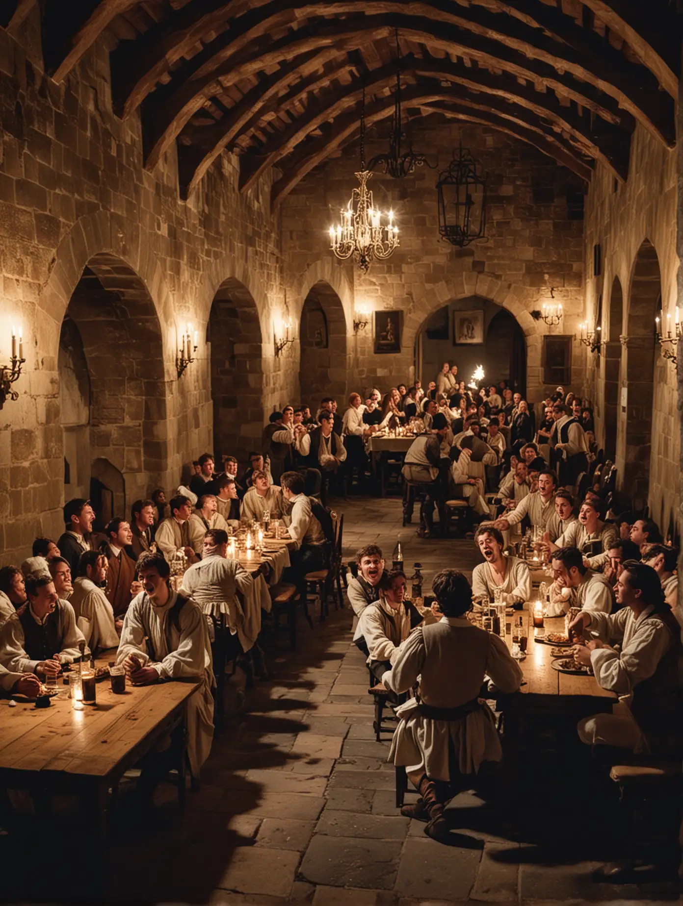 A hall in a 17th century castle, with young men sitting on tables and drinking, dressed with light clothing, boots, shouting, joyful and happy atmosphere, at night.