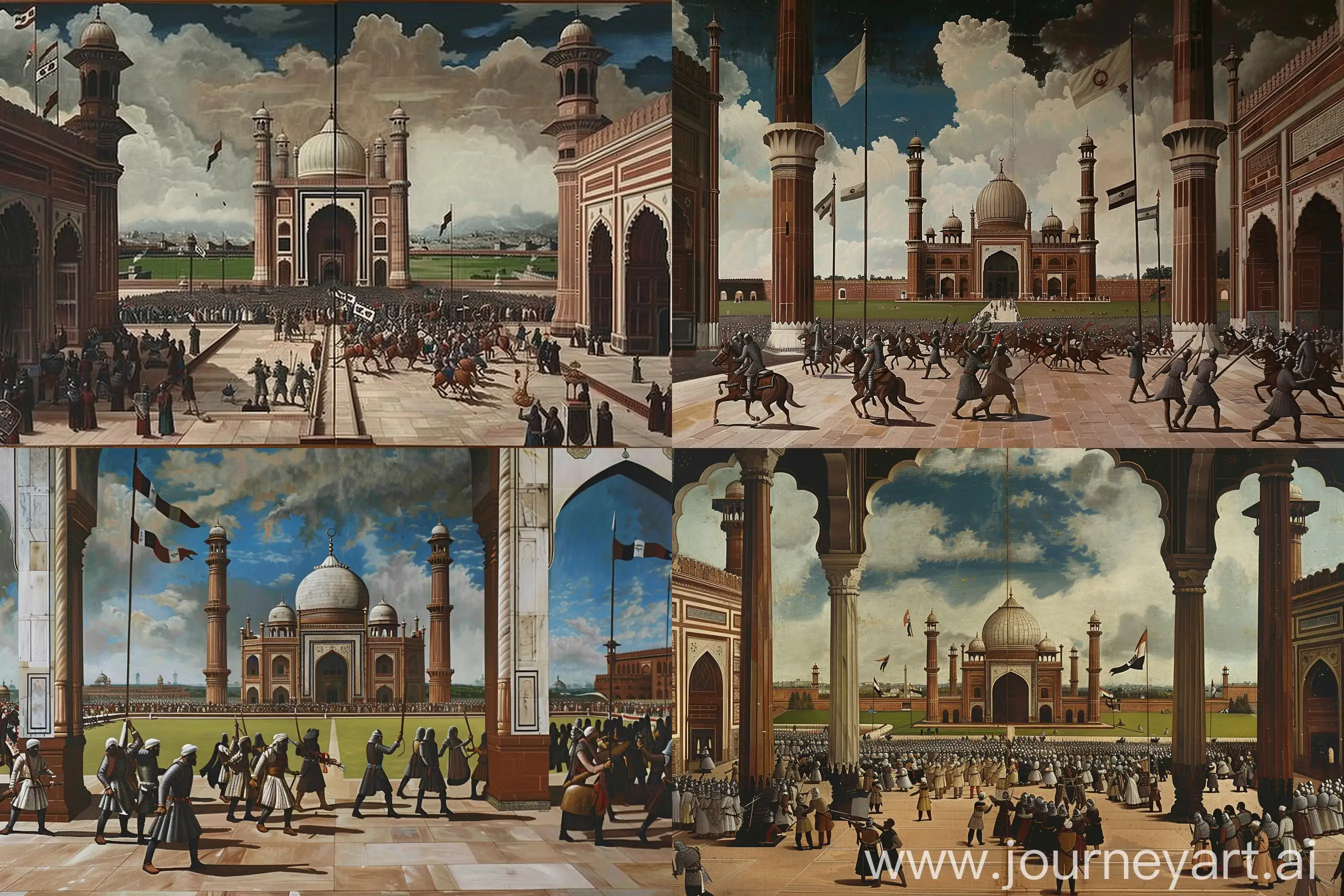 medieval Renaissance painting depicting a medieval battle scene between saracen knights and crusaders, in the courtyard of "Delhi Jama Masjid", lush green field in the background, cloudy sky, Knights carrying flags and banners, dark weather --ar 6:4 --v 6 --sref https://cdn.discordapp.com/attachments/1209182749441654865/1247644078070566992/Raffaello_-_Spozalizio_-_Web_Gallery_of_Art.jpg?ex=66621818&is=6660c698&hm=49cdfba24c1daa1010a13a6cfed345f6e2155a91c150a1aeace8309371da7c58& --cref <https://cdn.discordapp.com/attachments/1213041174428782623/1248168666818678875/jama-masjid-delhi.jpg?ex=6662af28&is=66615da8&hm=4a5c245cbffdfe8a32bb2e1f4a8a918bdcfa7493dfdf76f23d130c91854c26d0&> --cw 99 --q 1