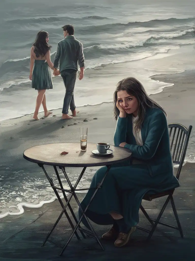 Book cover of Shadows A beautiful, sad young woman is sitting at a table alone, in front of her is an empty chair, and a cup of coffee is placed on the table, and the table is by the sea. She is looking at a couple walking by the sea, holding hands.