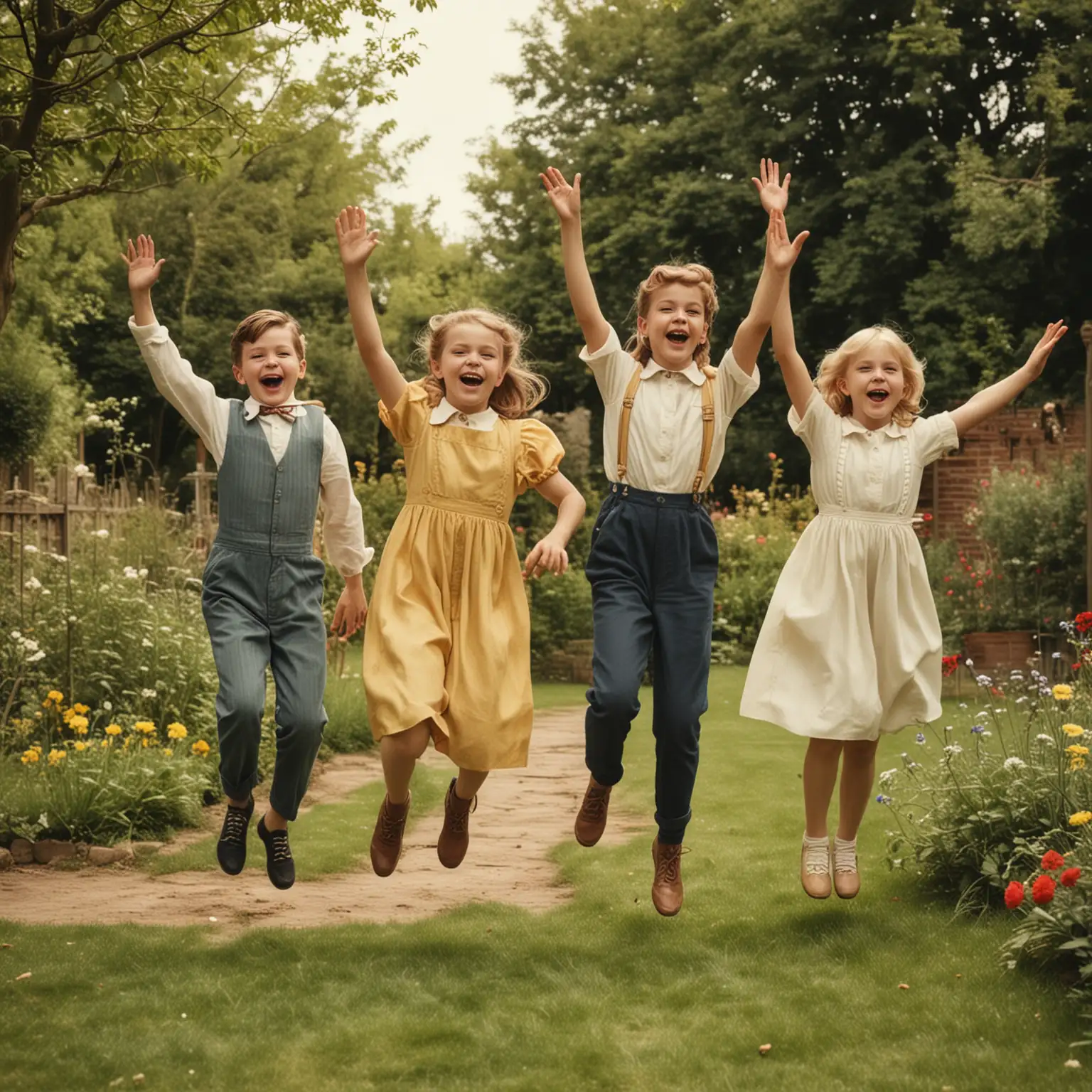 vintage boys and girls jumping and dancing with there hands waving around in a garden