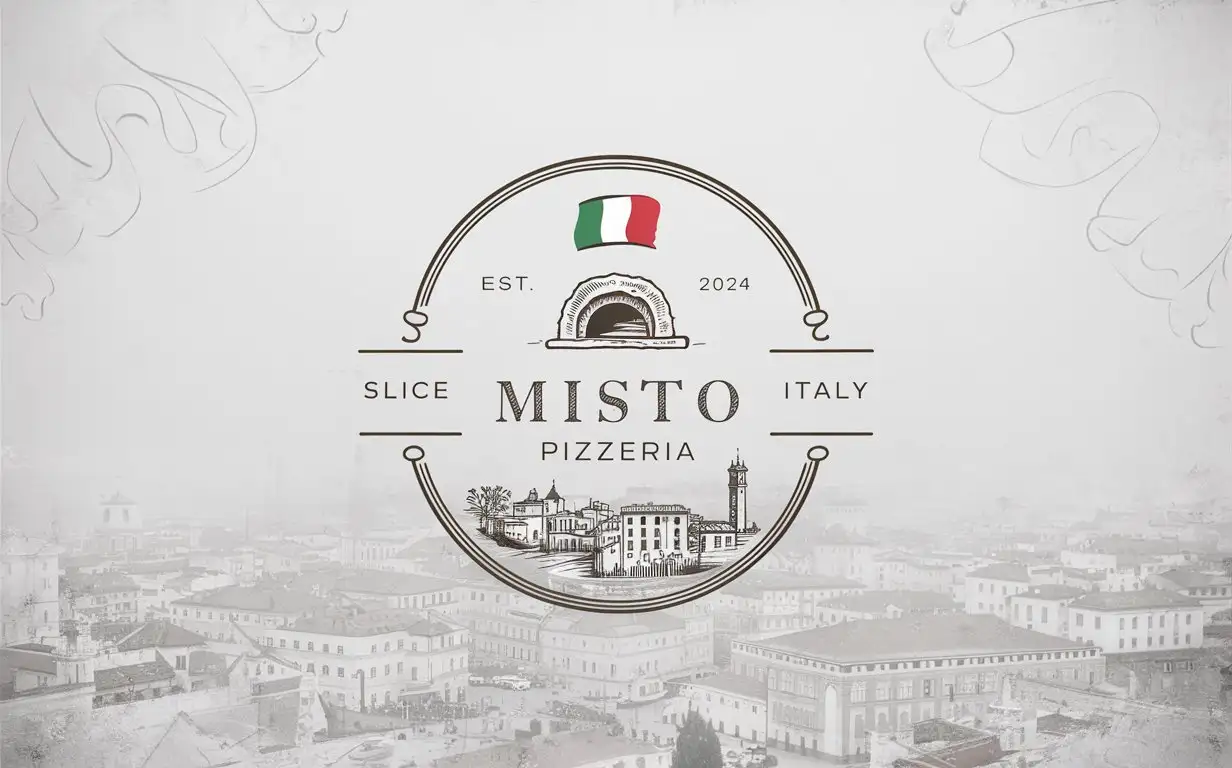 Misto Pizzeria Emblem Rustic Italian Decor on Foggy White Background