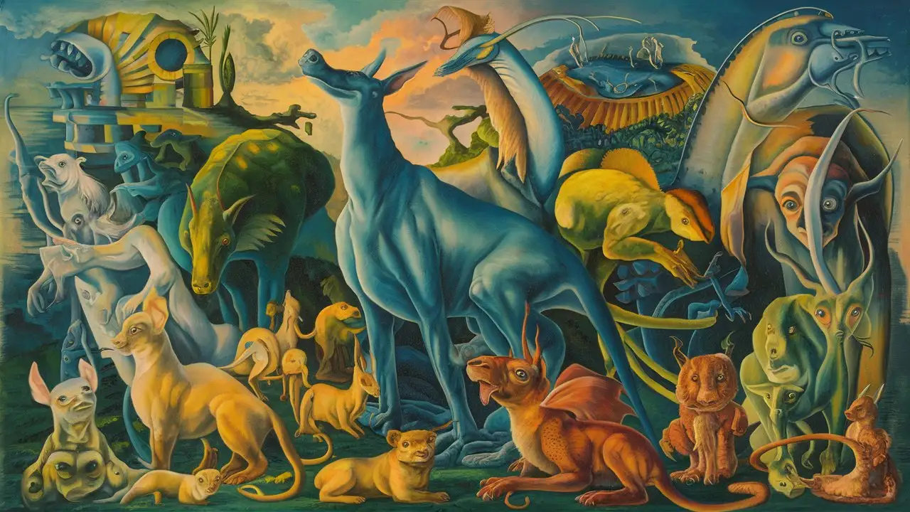 Surreal Menagerie Painting Inspired by John Tunnards Style