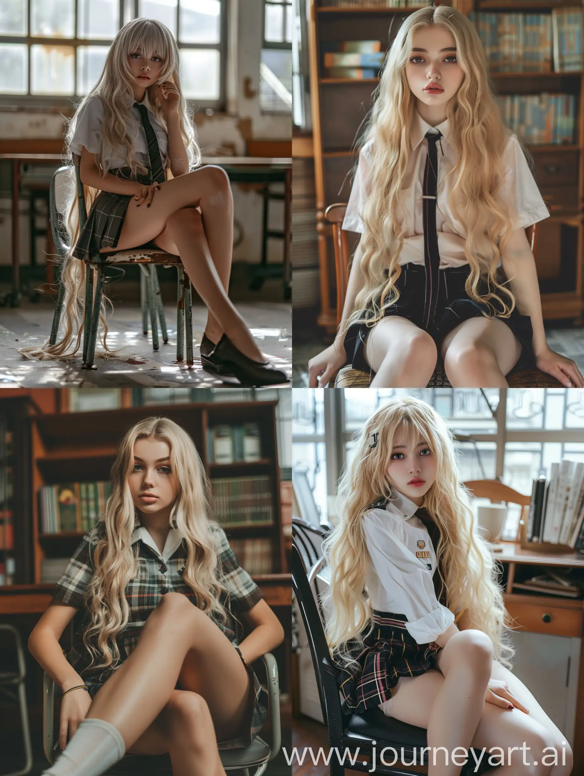 Blonde-Teenage-Influencer-in-School-Uniform-Sitting-on-Chair