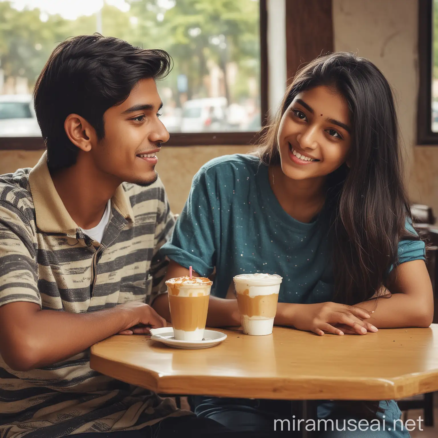 Indian College Couple Teenagers Enjoying Cafe Time Together