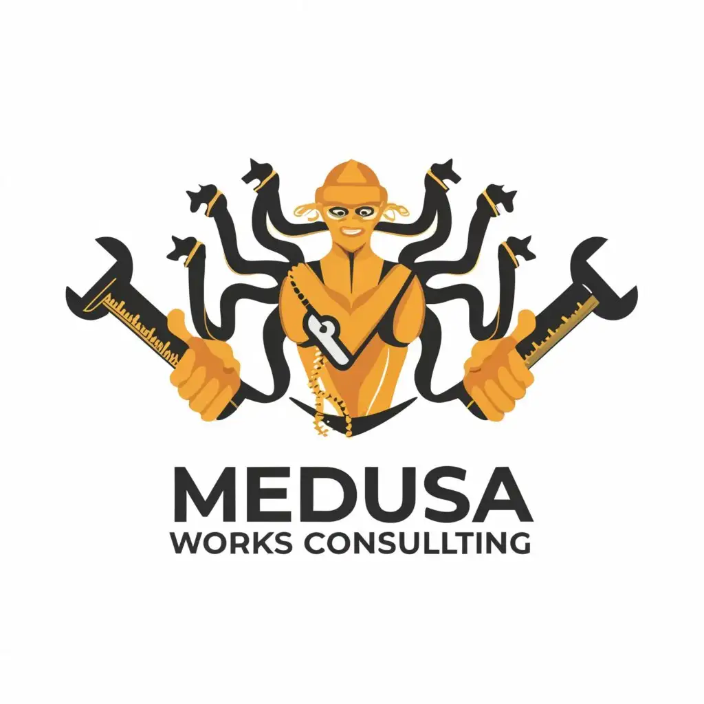 a logo design,with the text "Medusa Works and Consulting", main symbol:a man with multiple arms holding repair tools such as wrenches, screwdrivers, hammers, pliers, measuring tape, notebook for taking notes,Complexe,clear background