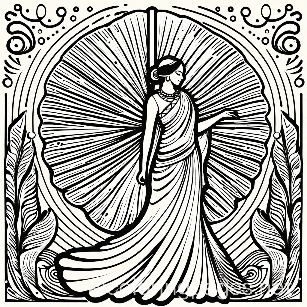 A beautiful woman twirls in a flowing  sari with patterns. Raindrops dance around her as she holds an umbrella shaped like a peacock feather. Design the background with a lush, forest., Coloring Page, black and white, line art, white background, Simplicity, Ample White Space. The background of the coloring page is plain white to make it easy for young children to color within the lines. The outlines of all the subjects are easy to distinguish, making it simple for kids to color without too much difficulty