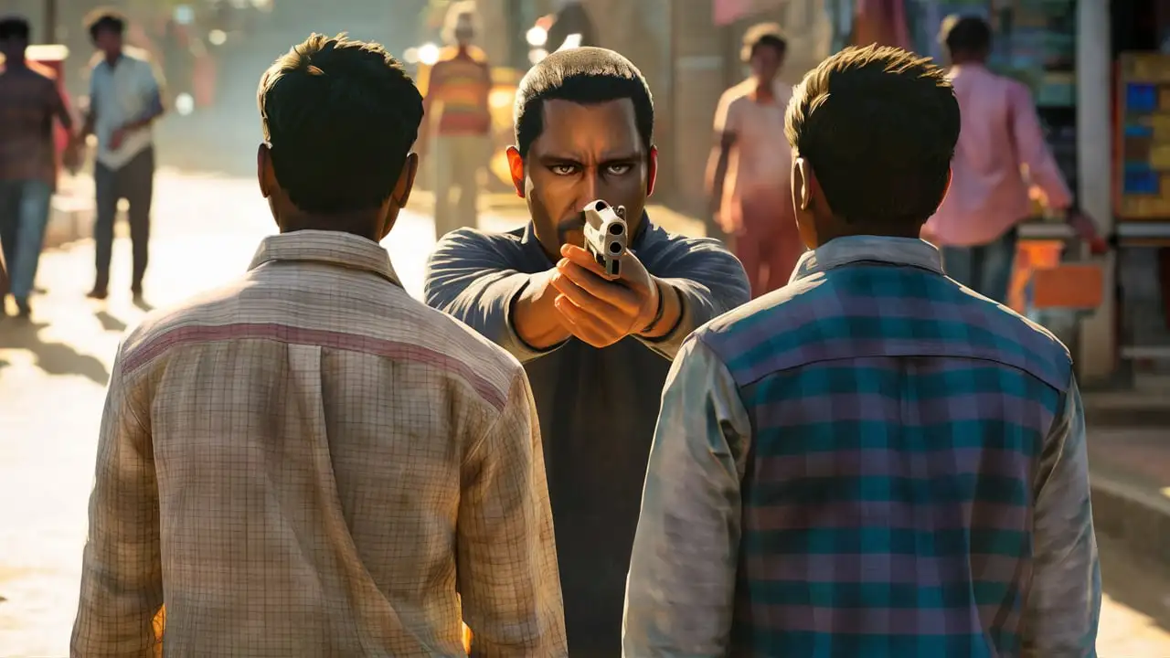day light: one Indian man firing, gun in hand, two Indian Man standing in front of gun, shot from behind, hyper realistic