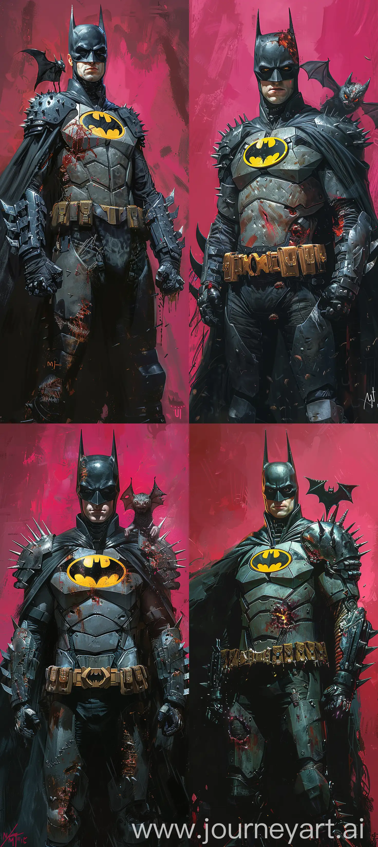 Menacing-Armored-Batman-with-Spikes-and-Eerie-Bat-Creature-in-Dark-Aesthetic