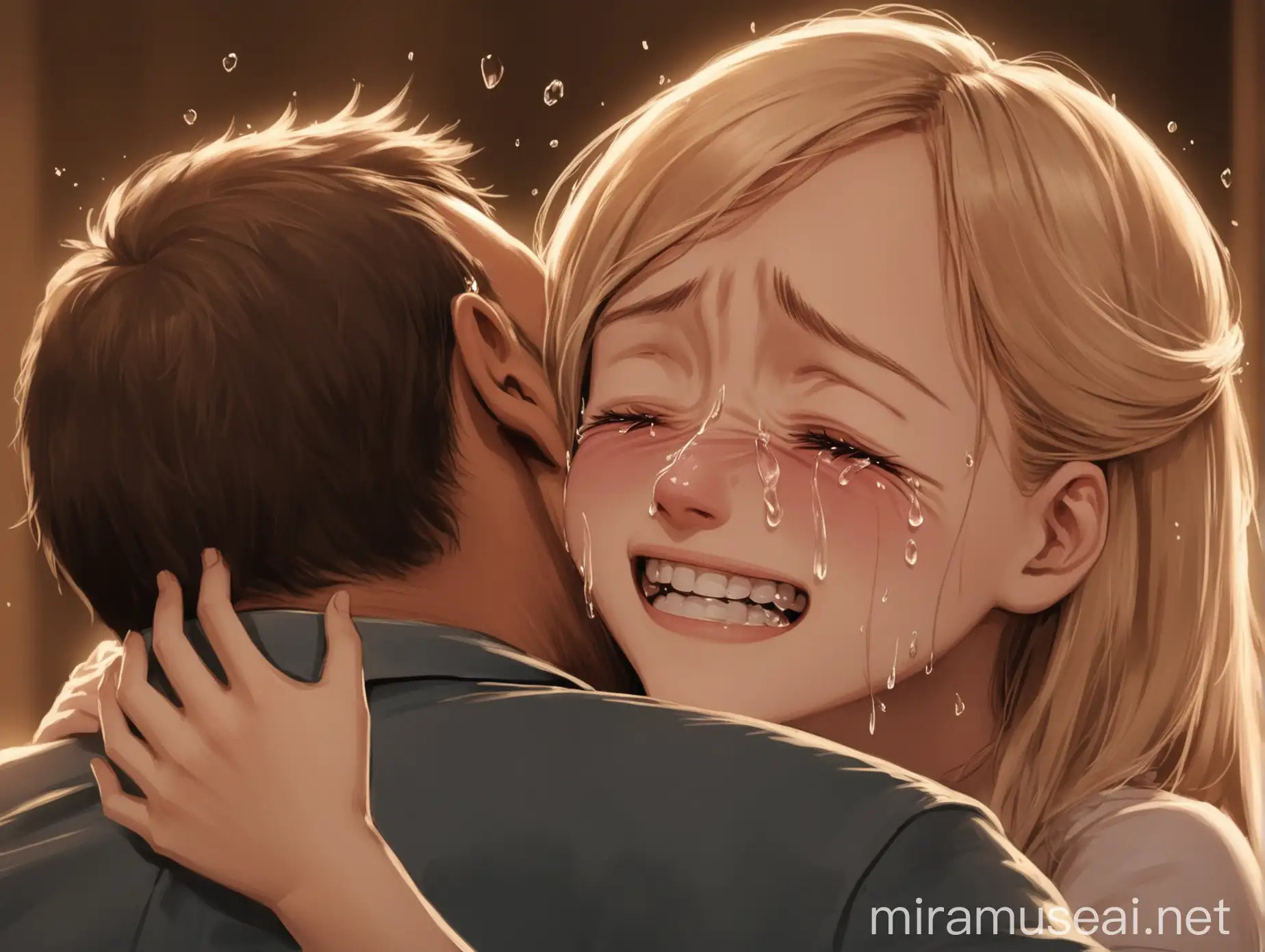 Emotional Moment Girl Crying Hugs Someone Man Laughs with Tears