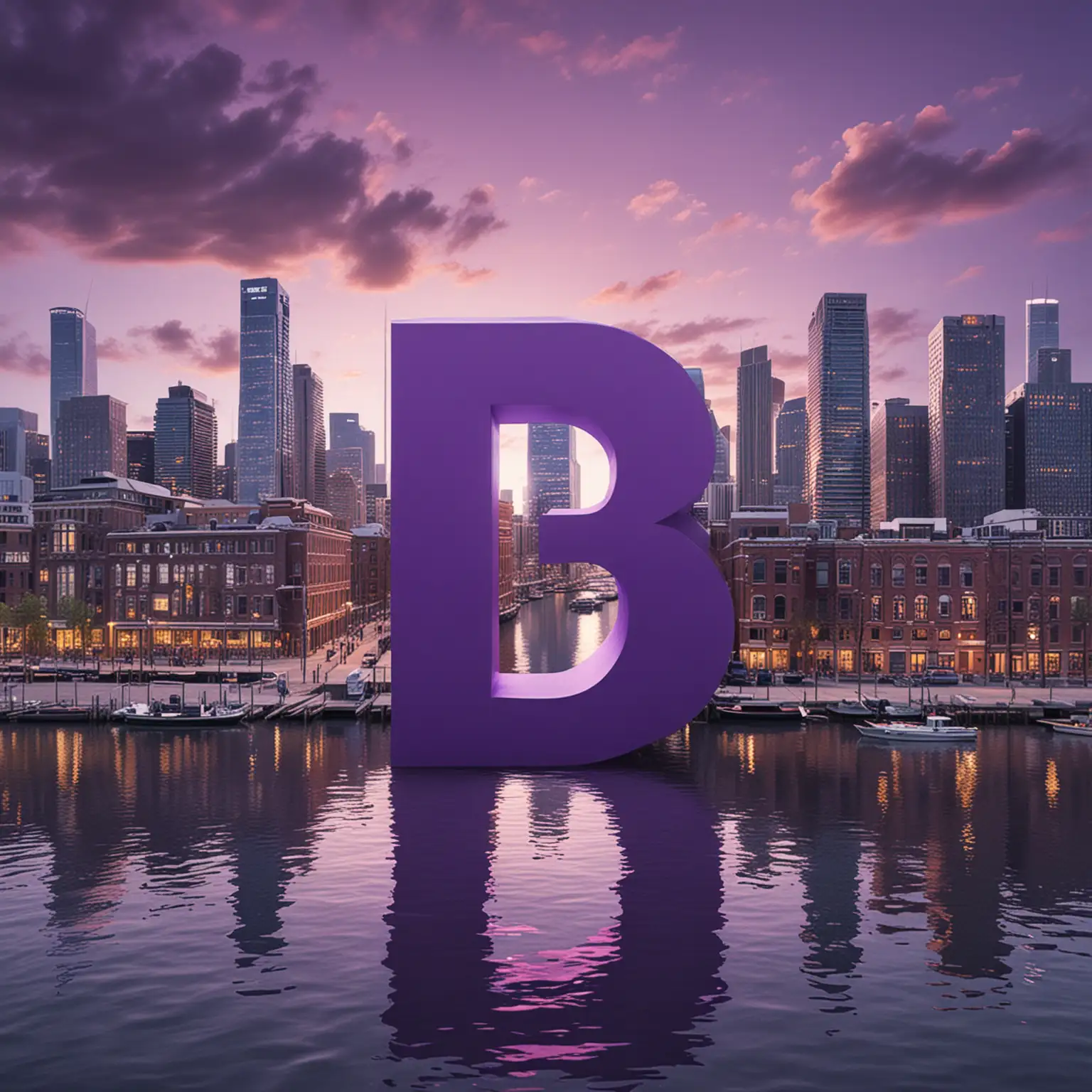 Create the letter "B" as a huge purple building complex, towering over other buildings, standing on a waterfront view city