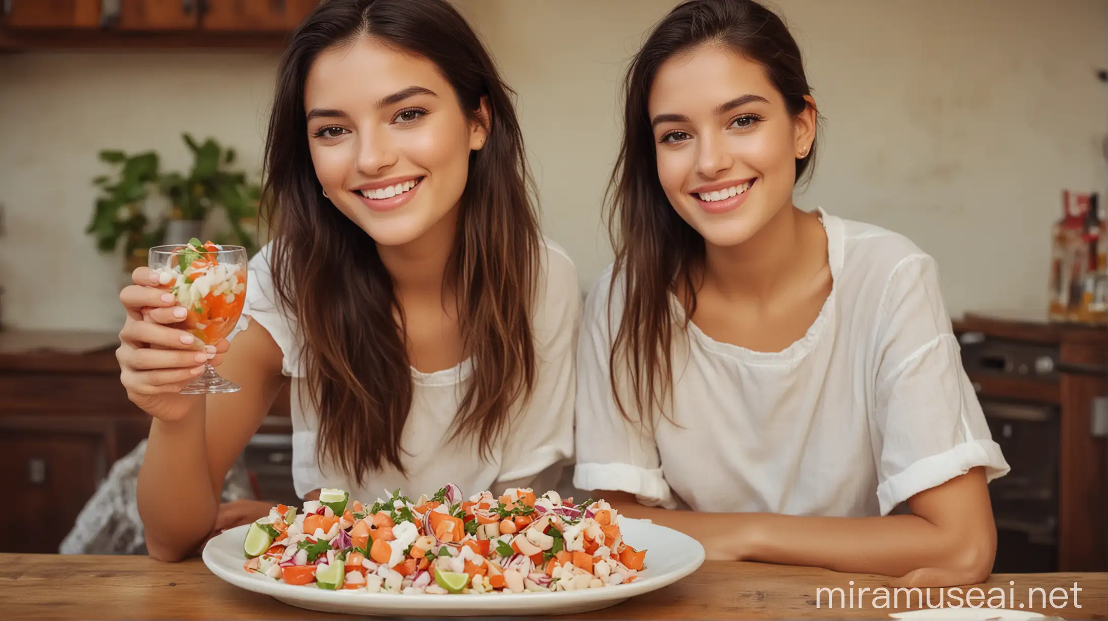 Young Woman Indulging in Delectable Ceviche Toast