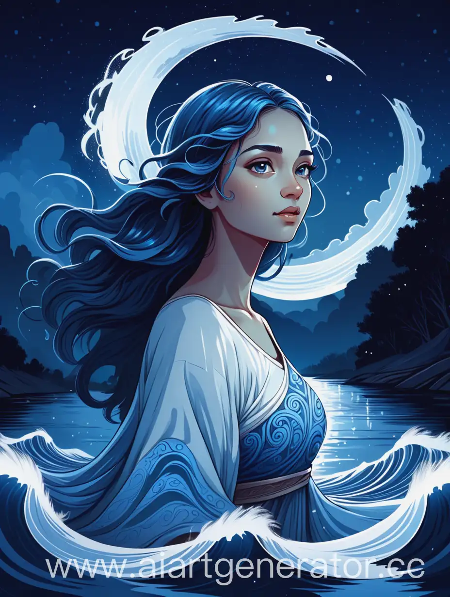 Дева-река из древних легенд, Иллюстрация состоящая из голубых, белых, синих цветов, вокруг девушки волны и ночное небо, портретная иллюстрация