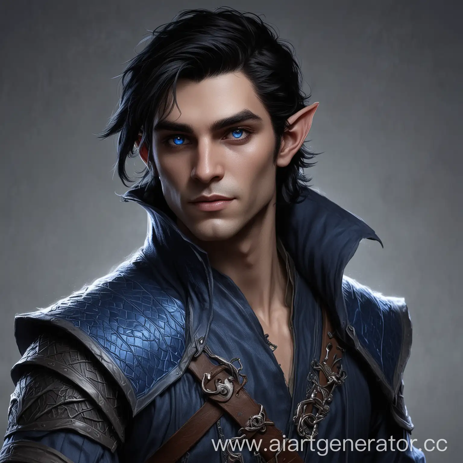 Handsome young adult male half-elf Drow, DnD sorcerer blue dragon, thief, black hair