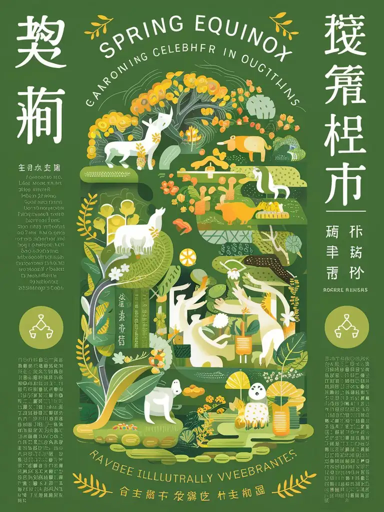 poster, spring equinox, solar term, illustration, green as main color, harmony, text and picture combined