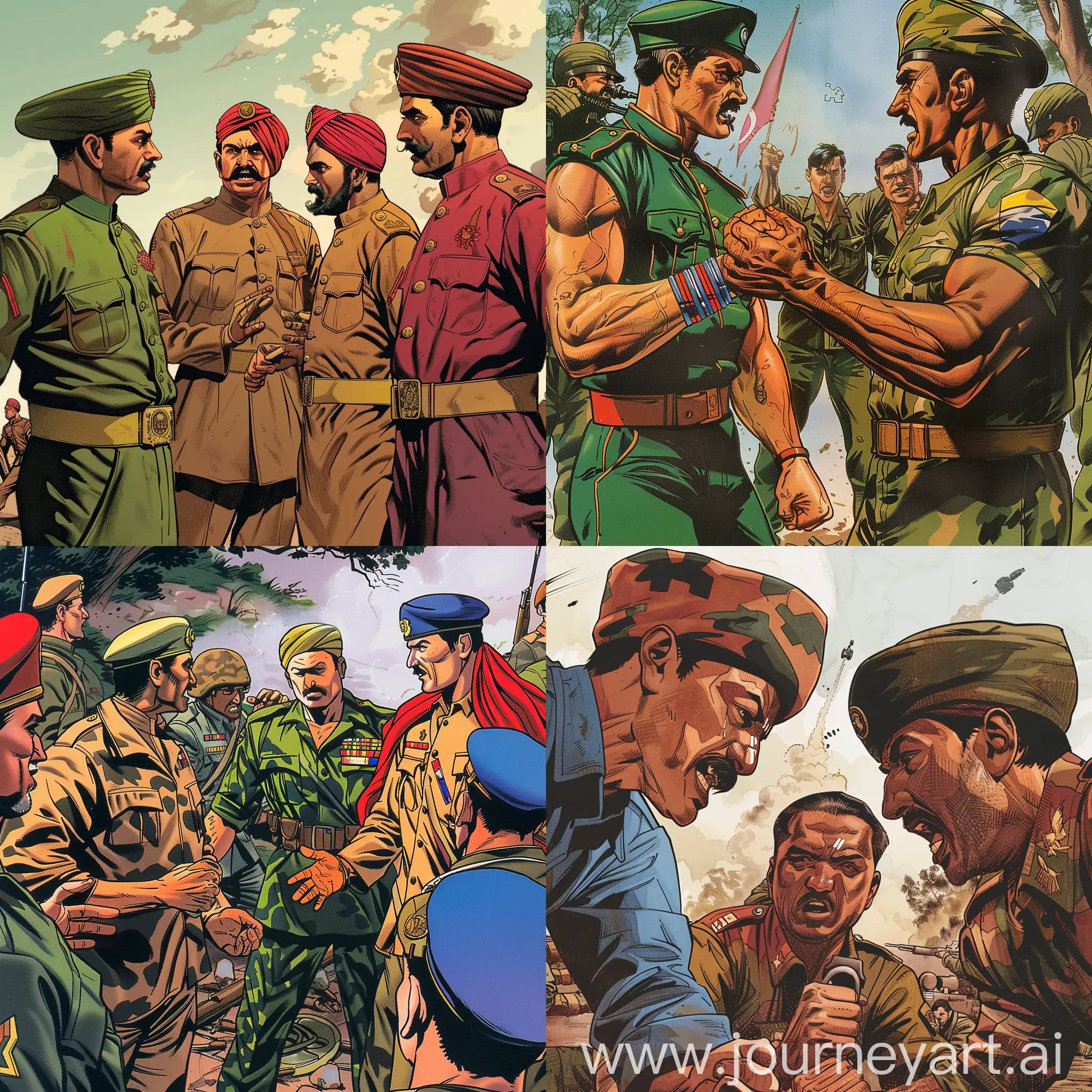 漫画、印度军队、穿不同颜色军装、争吵