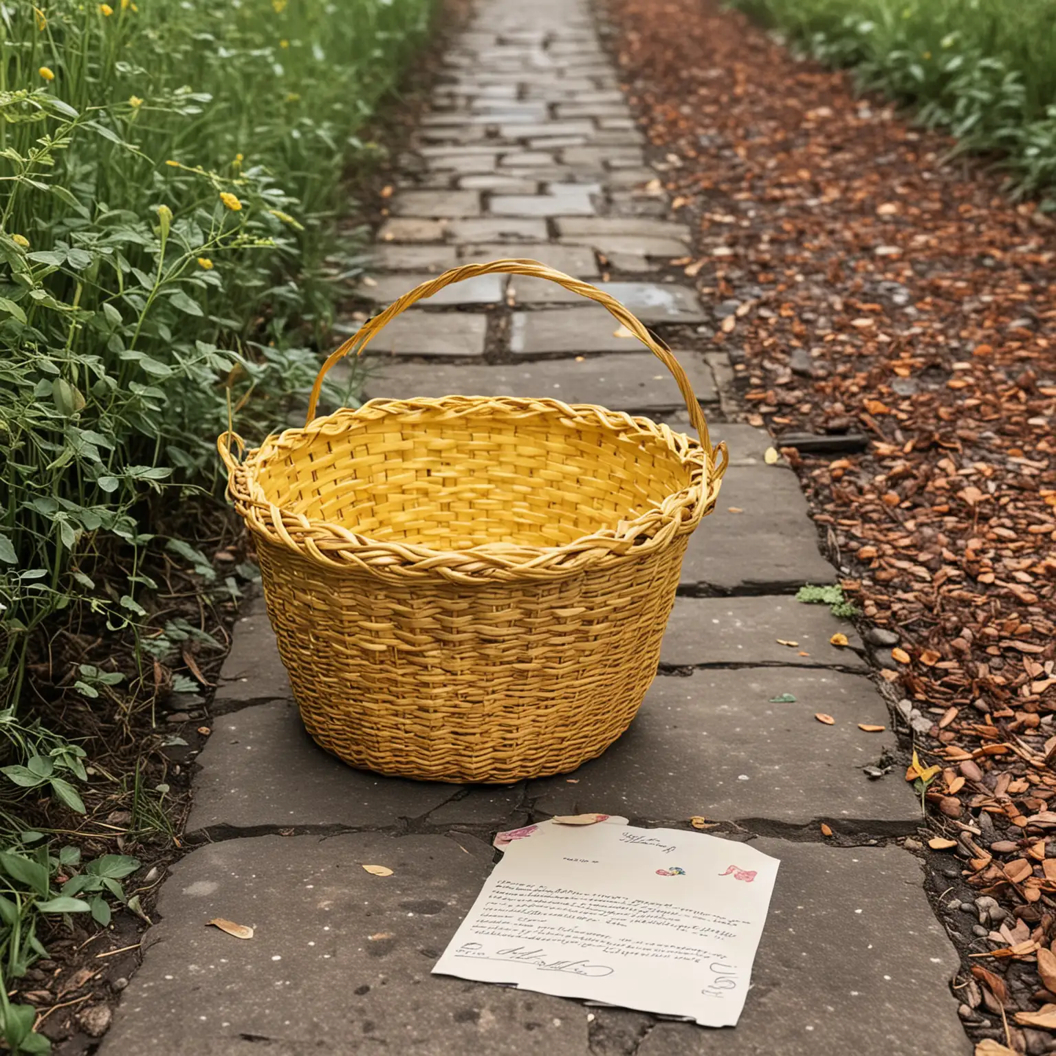 a brown yellow basket on a path with a letter next to it