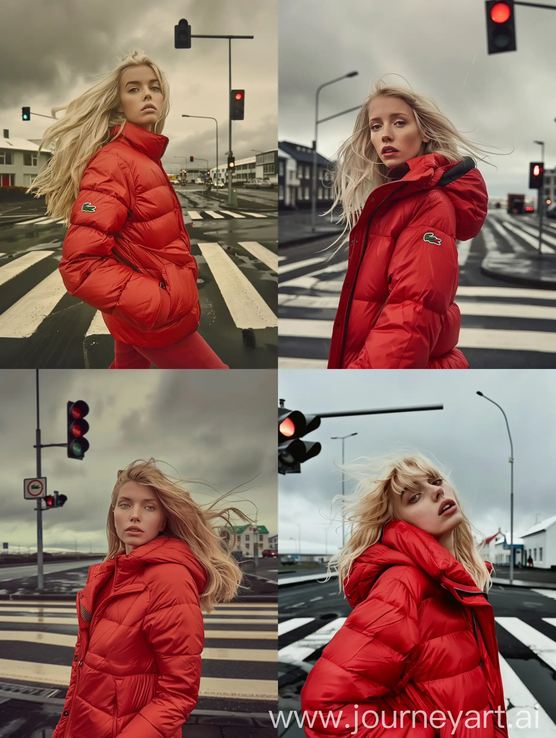 A stunning, hyper-realistic photograph of an Icelandic woman with blonde hair, dressed in a striking red puffer jacket. She exudes confidence as she struts across a Reykjavik crosswalk, with its iconic stripes and traffic lights, on a cloudy day. The urban environment is surreal, with a hint of otherworldly charm, seamlessly blending Lacoste fashion with the unique atmosphere of the city streets