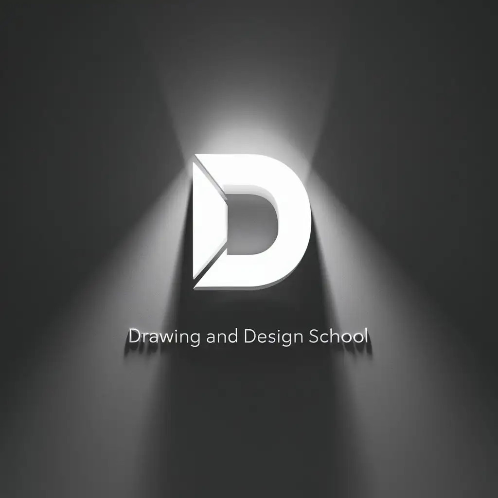 сгенерируй логотип для школы рисования и дизайна. логотип должен быть минималистичным, в виде 3д объекта, со светом и тенью. объемная буква D и внизу подпись: drawing and design school. 