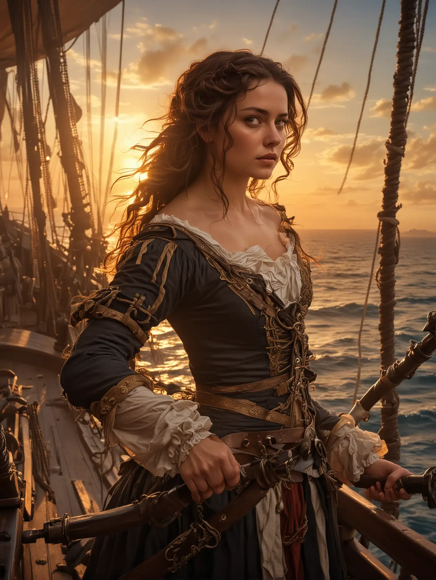 Epic-17th-Century-Warrior-Woman-with-Pirate-Sabers-on-Ship-Deck-at-Sunset