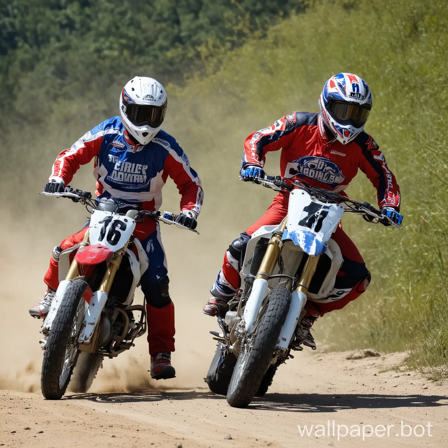 moto race, two bikers, white, red, blue