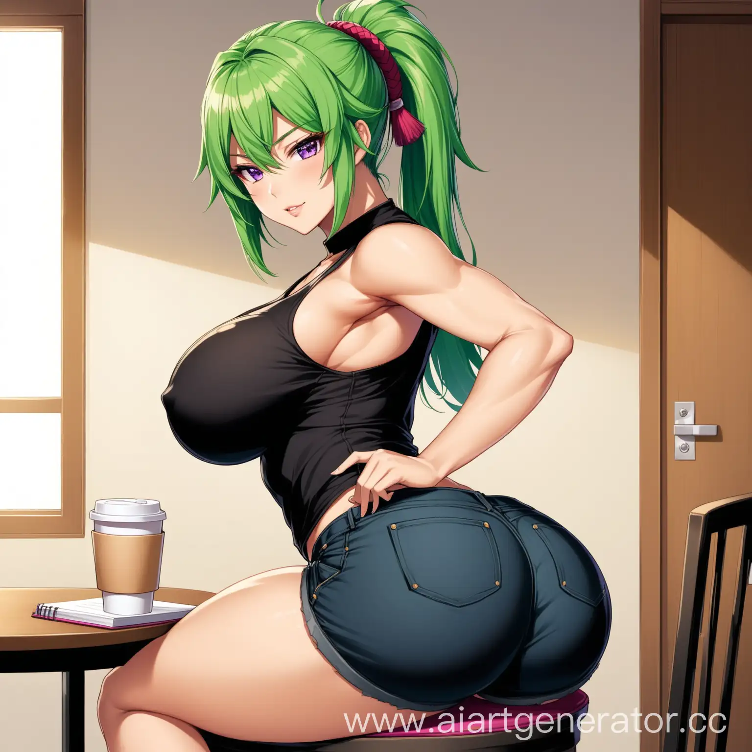 Athletic-GreenHaired-Girl-with-Enormous-Breasts-Contemplating-with-Coffee-Cup-and-Notebook