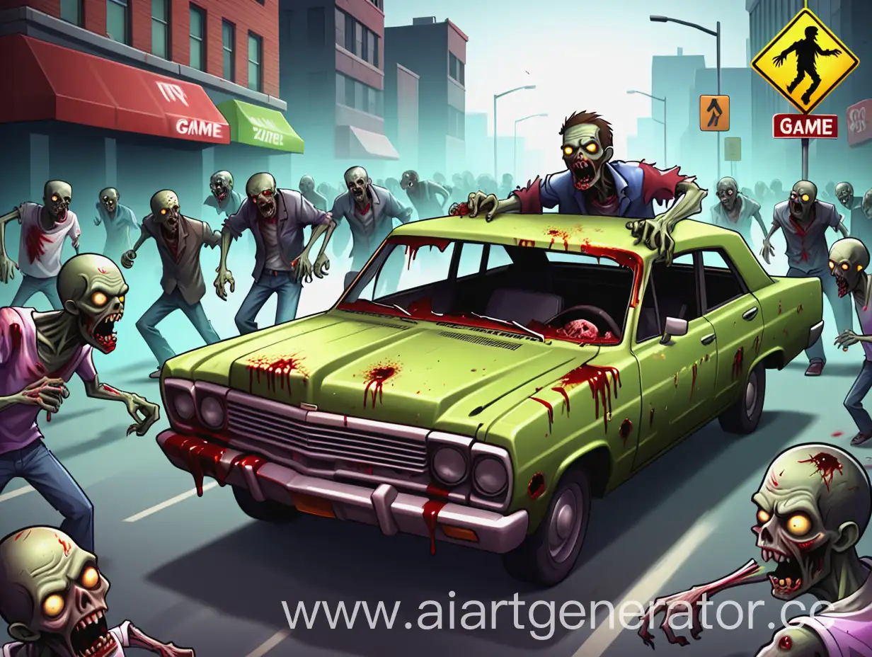 обложка для игры, мультяшные зомби,  бегут к крутой машине, без надписей, зомби без крови